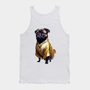 The Regal Pug: Adorned in a Golden Kimono Tank Top